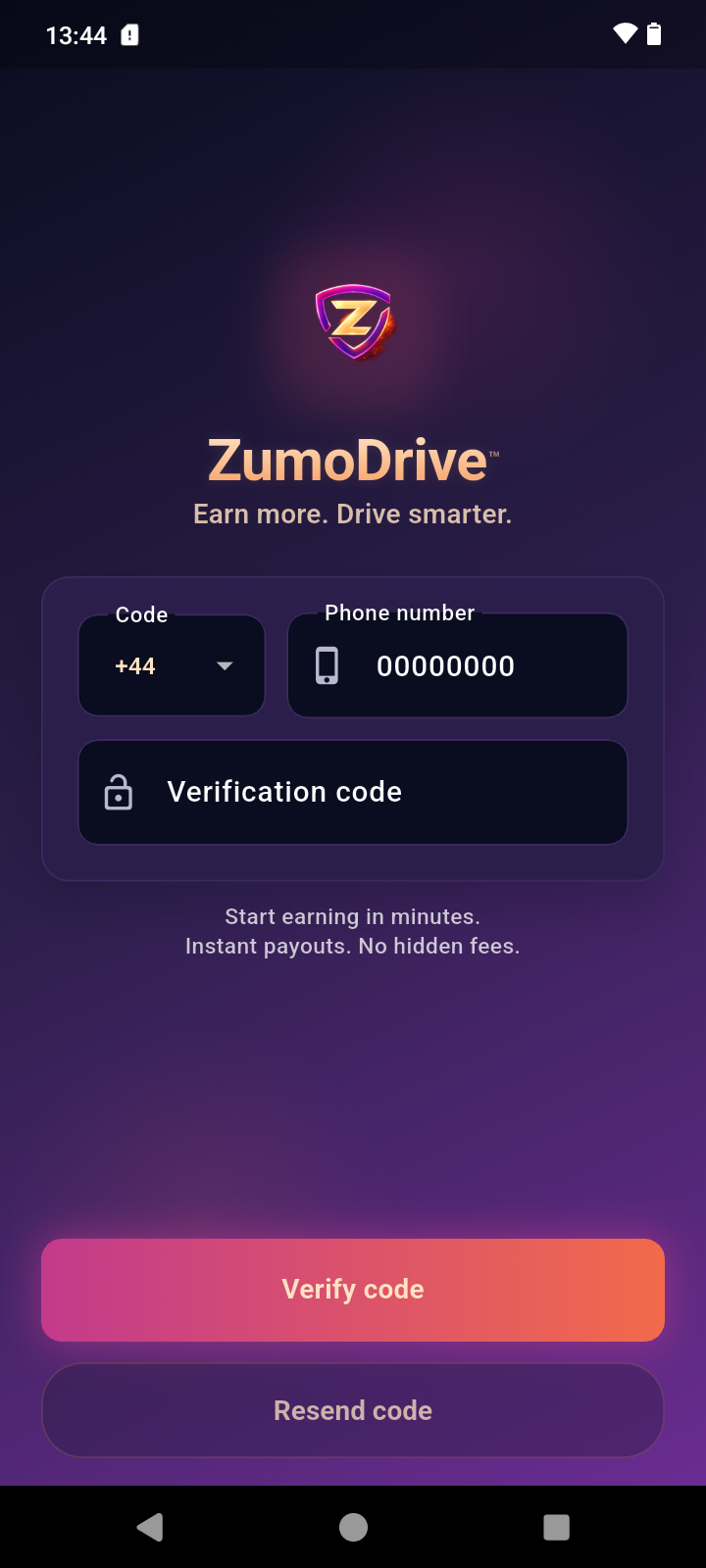 ZumoDrive driver app login screen
