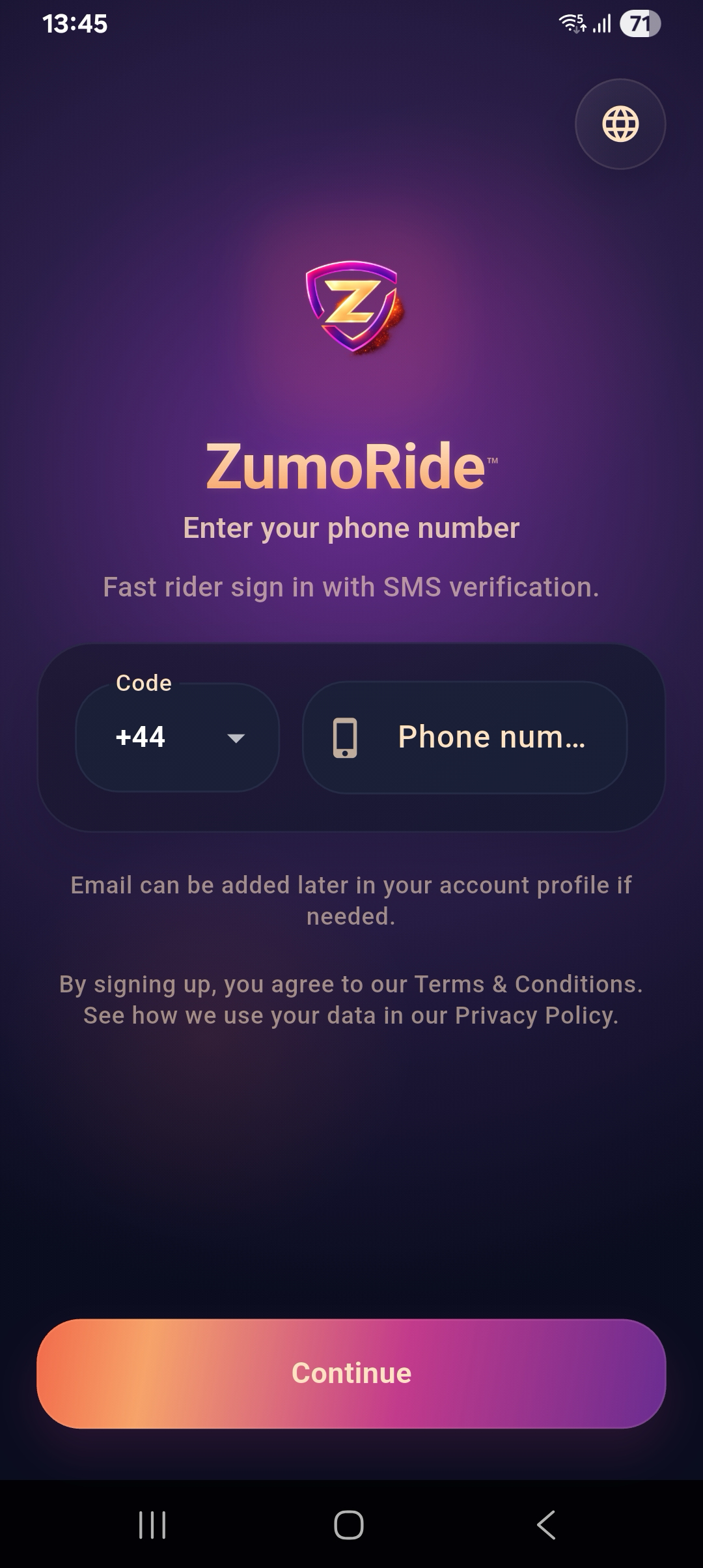 ZumoRide rider app login screen